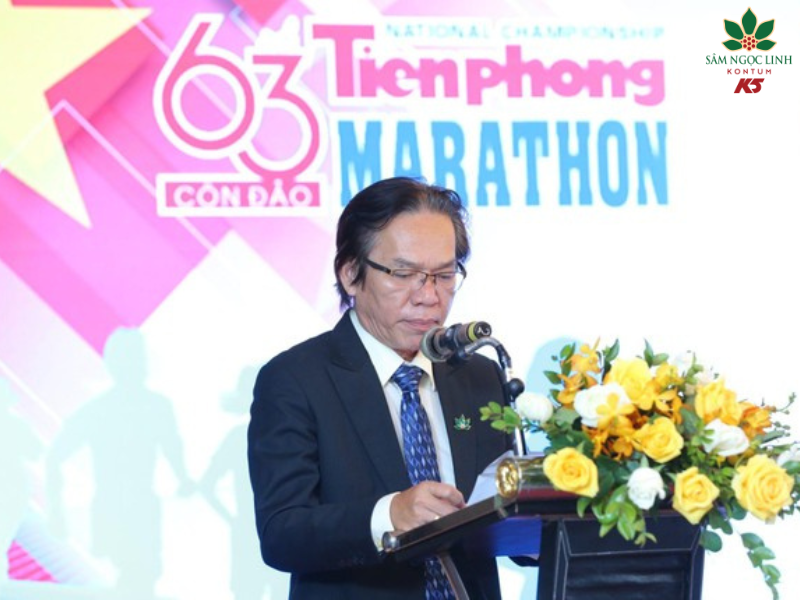 Ông Nguyễn An - Giám đốc Thương mại Sâm Ngọc Linh Kon Tum K5 phát biểu tại Giải Tiền Phong Marathon năm 2022 tổ chức tại Côn Đảo - BRVT.