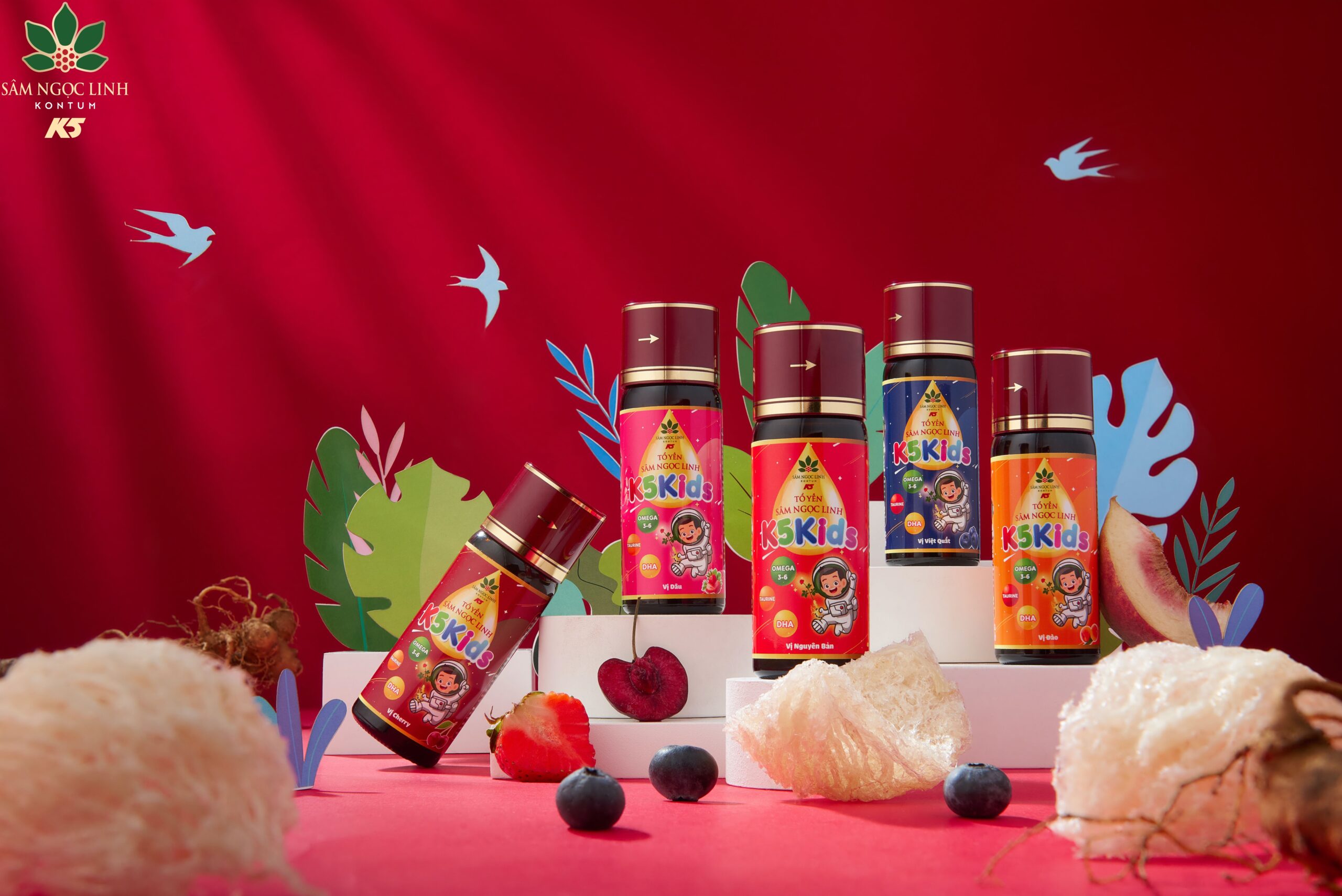 Tổ yến Sâm Ngọc Linh K5 Kids với 5 hương vị thơm ngon.