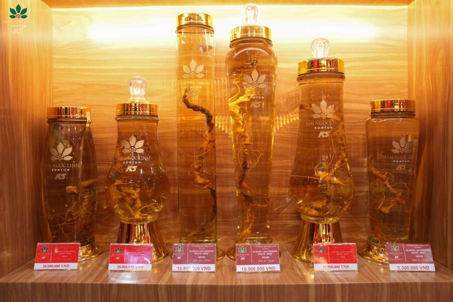 Chế phẩm rượu Sâm Ngọc Linh được trưng bày tại showroom.