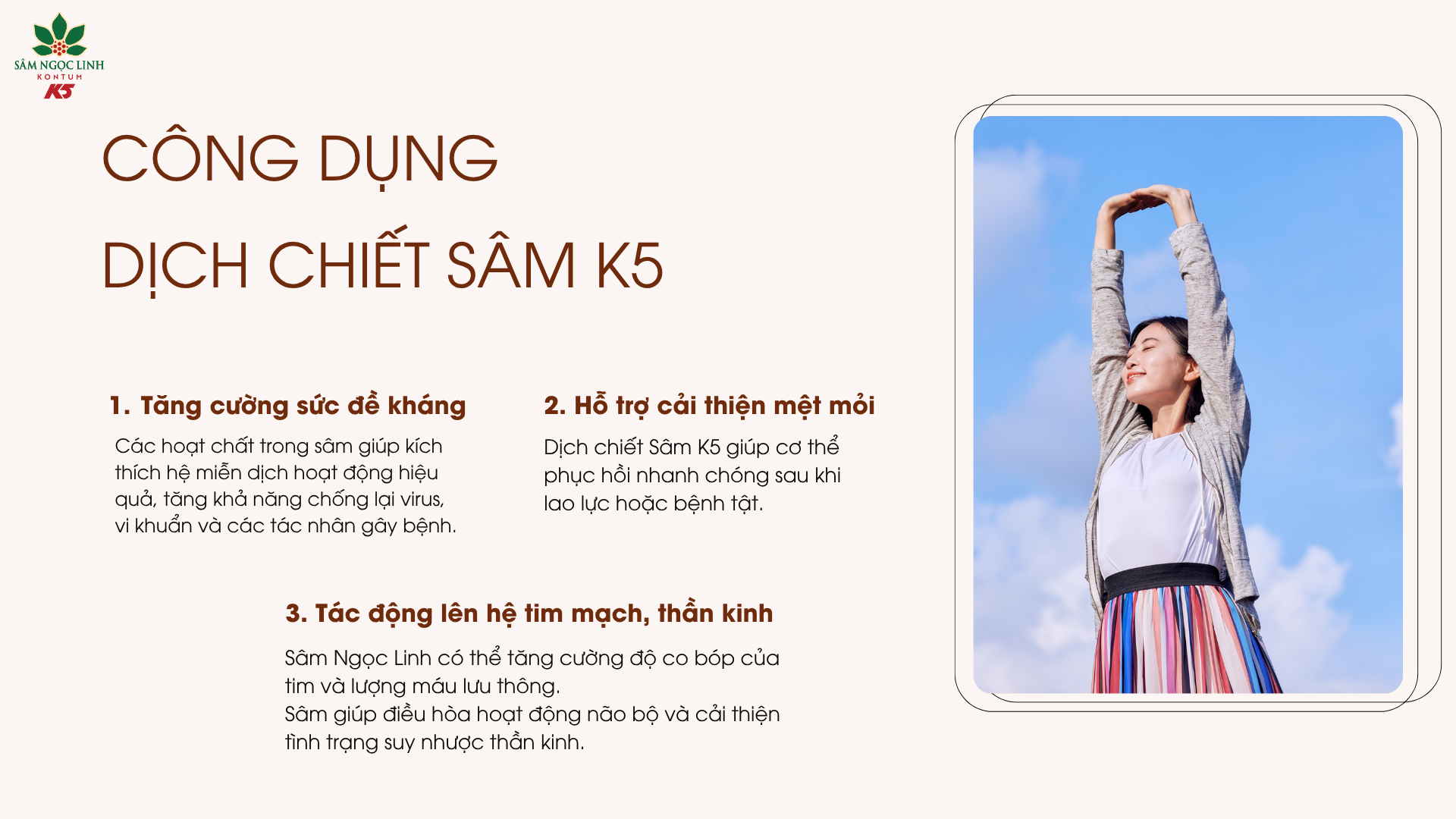 Một số công dụng của dịch chiết Sâm K5 mang lai cho sức khỏe người dùng.