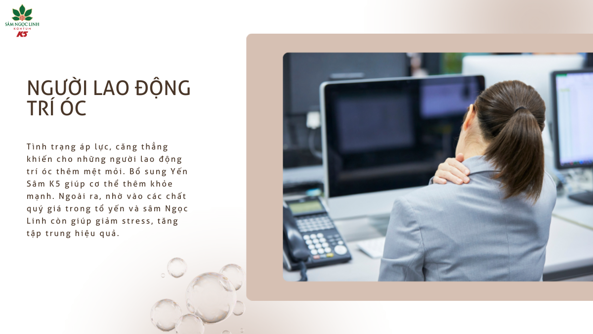 Nhân viên văn phòng dùng Yến Sâm K5 rất tốt.