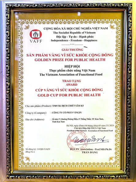 Chứng nhận giải thưởng Sản phẩm vàng vì sức khỏe cộng đồng năm 2024.