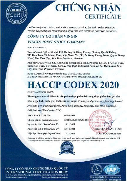 Chứng nhận HACCP CODEX 2020 của K5.