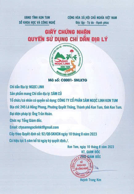 Giấy chứng nhận quyền sử dụng chỉ dẫn địa lý của K5.