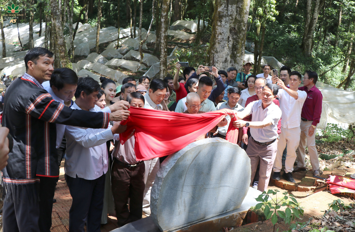 Dược sĩ Đào Kim Long và lãnh đạo, chính quyền địa phương thực hiện nghi thức mở băng lưu niệm Đài Kỷ niệm Cội nguồn Di sản.