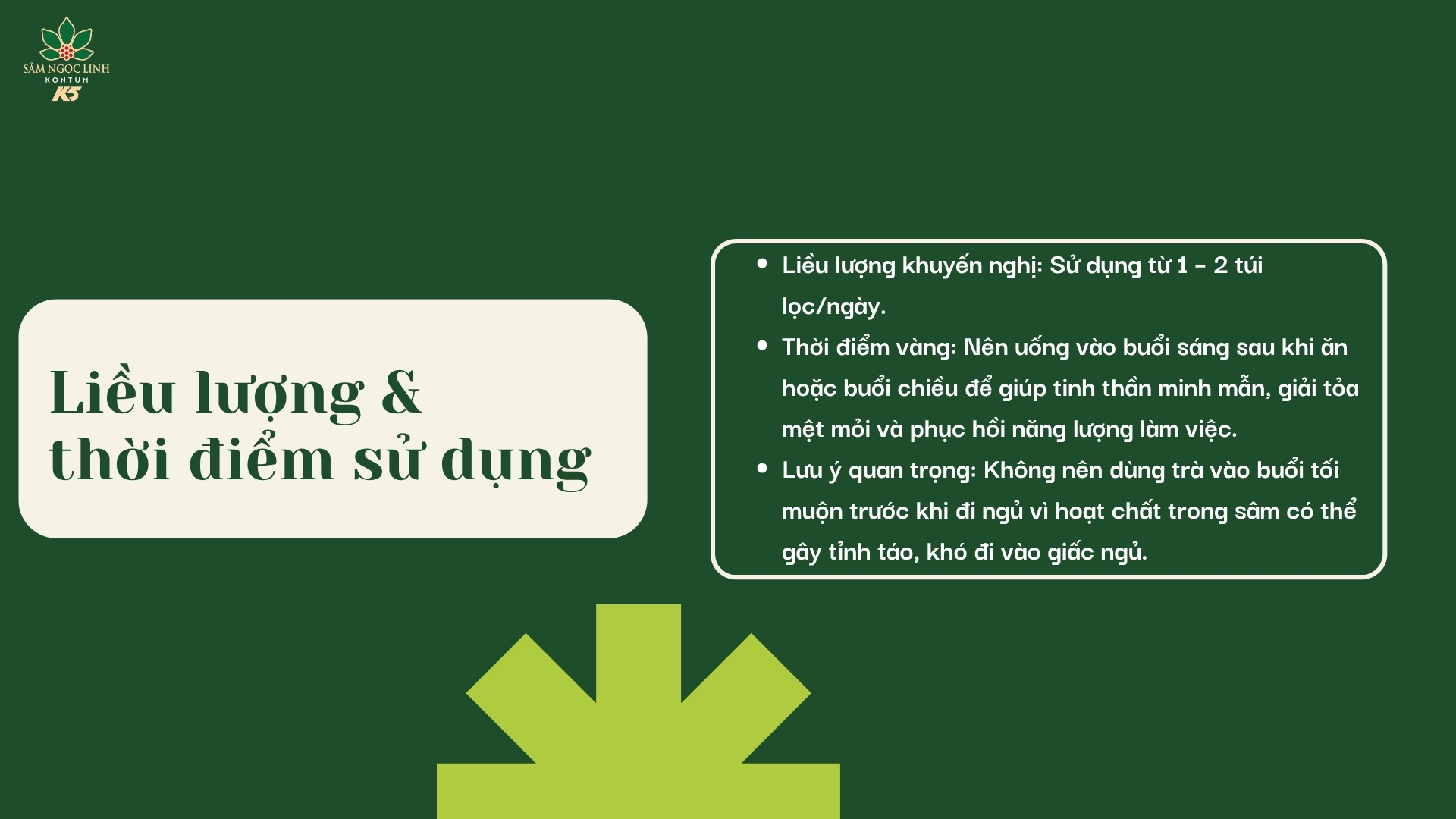 Liều lượng và thời điểm sử dụng trà Sâm K5.