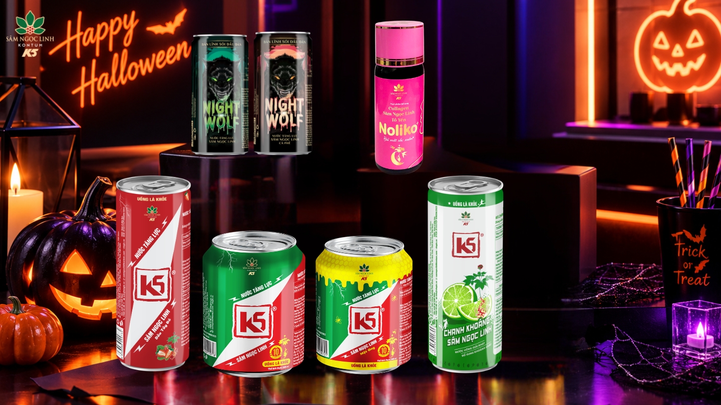 Bộ sưu tập nước uống Sâm Ngọc Linh K5 cho bữa tiệc Halloween theo phong cách hiện đại.
