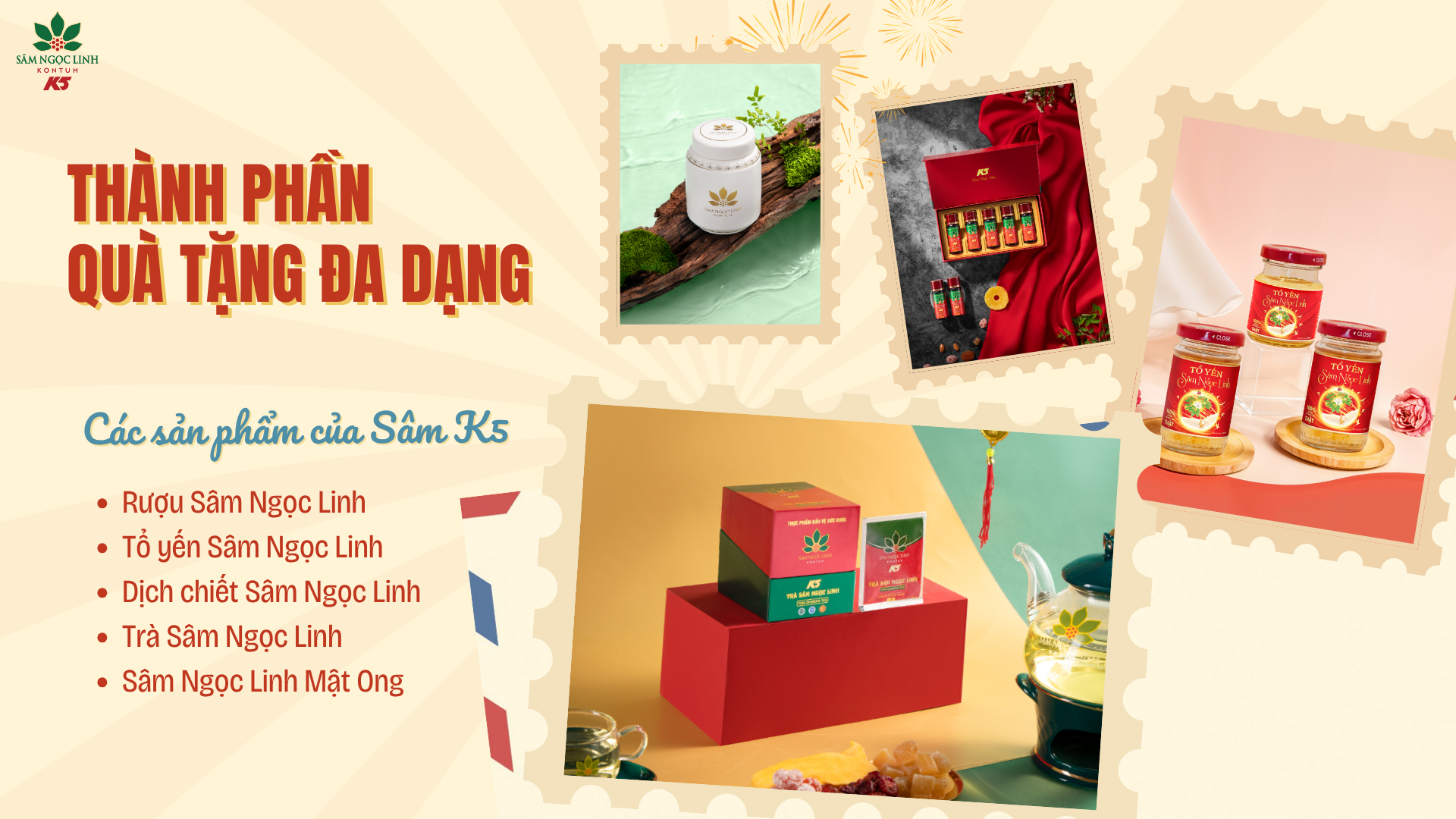 Thành phần sản phẩm quà tặng đa dạng của thương hiệu Sâm Ngọc Linh K5.